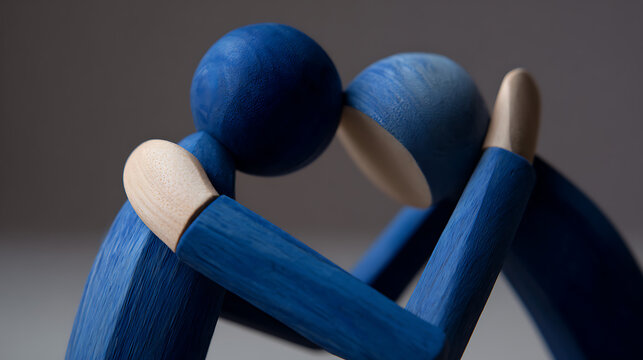 Two deep blue wooden figures embrace with heads together, symbolizing support, comfort, and human connection in a simple, abstract way