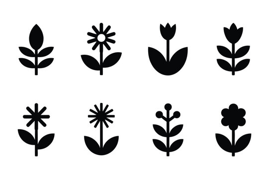 Collection of eight stylized black silhouette flower icons with graphic design