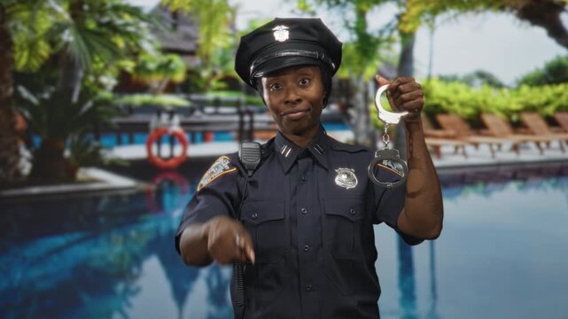 Woman police officer points finger while holding handcuffs in studio with pool backdrop and lounge chairs visible; authority duty.