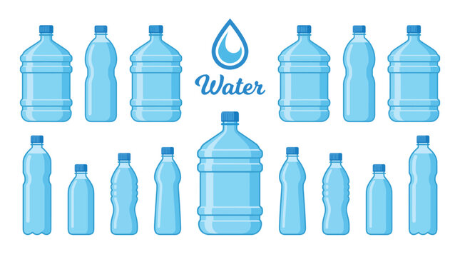 Various sizes of blue plastic water bottles arranged in a clean and organized flat layout
