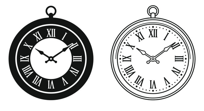 pocket watch silhouettes with roman numerals on white background