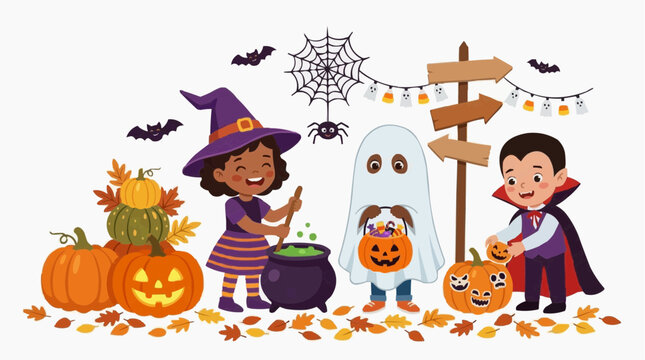 Halloween fun with friendly characters and decorations  Isolated on white background