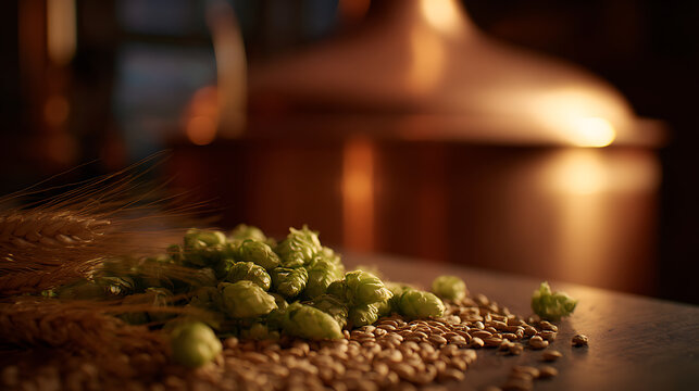 Natural Hops, Malt Grains, and Wheat Ears in a Microbrewery Setting: Essential Ingredients for Craft Beverage Production with Copper Background