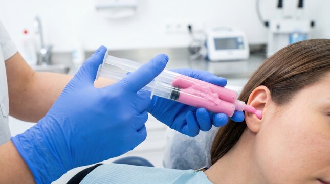 Audiologist injecting pink silicone material into a patients ear to take a custom mold impression