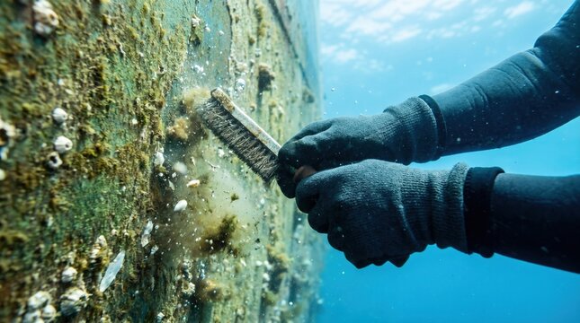Scuba diver wearing dark gloves using a wire brush to clean algae and barnacles off a ship hull underwater