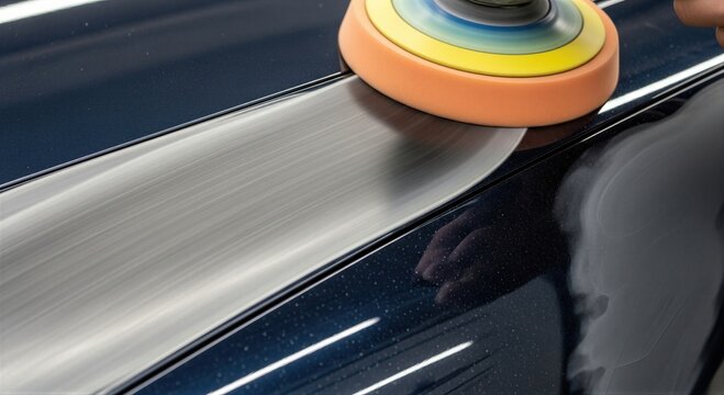 Detailer polishing dark car paint with electric buffer machine. Professional vehicle maintenance and detailing service. Mirror shine bodywork surface restoration and auto care concept.
