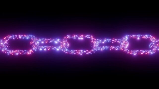 3D animation of a digital blockchain with fast data flowing in stylized blue and purple neon streaks. 