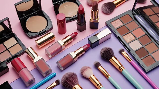 Cosmetics and makeup products arranged on colorful surface background