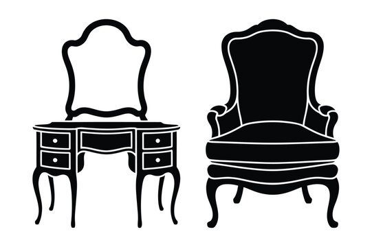 Antique vanity table and ornate armchair silhouettes with armchair, furniture