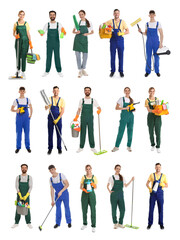 Fototapeta premium Cleaning service workers with supplies. Collection of portraits on white background