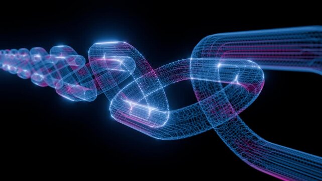 3D animation of a digital blockchain concept spinning.
