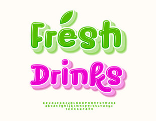 Fototapeta premium Vector Healthy label Fresh Drinks for Cafe and Shop. Eco Green Font. Decorative 3D Alphabet Letters and Numbers