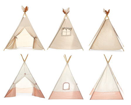 Cute wigwams for children isolated on white, set