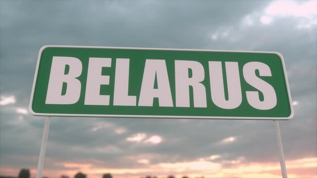 Green Belarus Border Sign With Moody Evening Travel Atmosphere