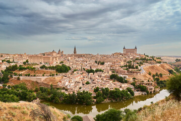 Obraz premium Panoramic view of Toledo city from the Mirador del Valle viewpoint, Toledo, Castilla-La Mancha, Spain.
