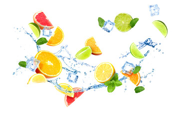 Fototapeta premium Citrus fruits, ice cubes and splashing water in air against white background