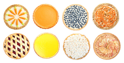 Fototapeta premium Cakes and pies isolated on white, collection. Top view