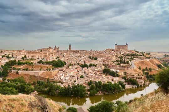 Panoramic view of Toledo city from the Mirador del Valle viewpoint, Toledo, Castilla-La Mancha, Spain.