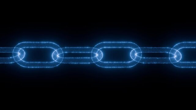 3D animation of a blue digital blockchain that is continually growing.