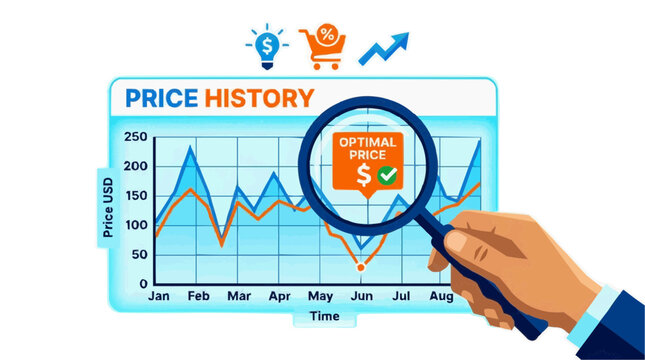Hand analyzing price history chart with magnifying glass highlighting optimal price point