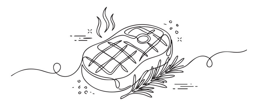 Minimalist one line art of a grilled beef steak with rosemary for professional restaurant menu design, featuring clean food icon vector on a transparent background concept
