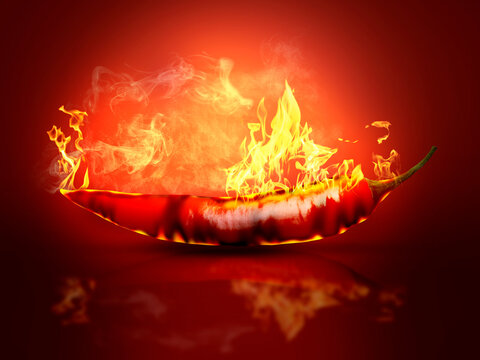 Hot chili pepper with flames and smoke on red gradient background