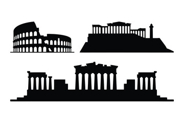 Fototapeta premium Famous ancient landmark silhouettes: colosseum acropolis parthenon with heritage