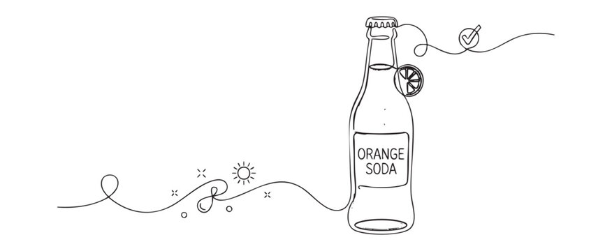 Single line art vector of a bottle of orange soda for refreshing beverage packaging concept on transparent background featuring minimalist citrus fruit and quality checkmark design