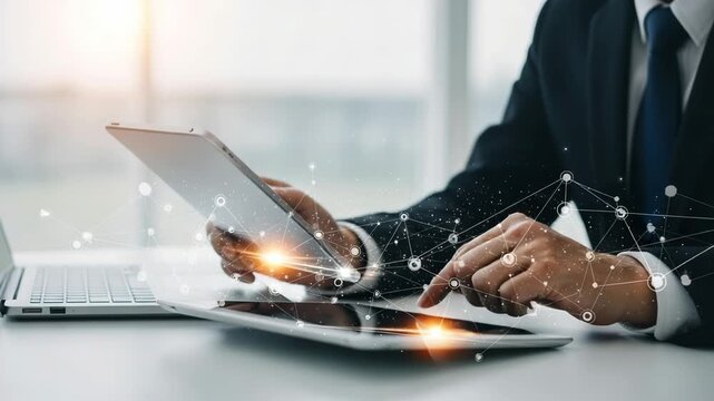 Business professional using digital tablet with network graphics