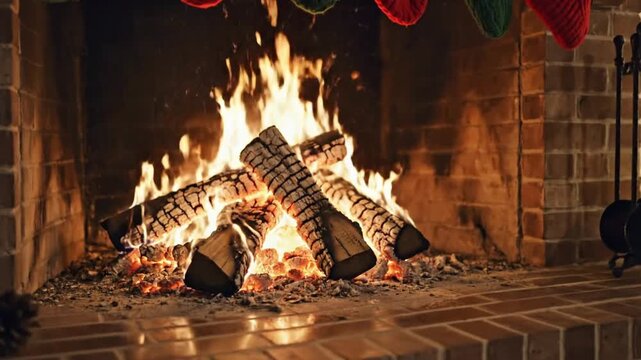 Wood burning in a cozy fireplace during Christmas time at VSRExport with festive decorations and stockings