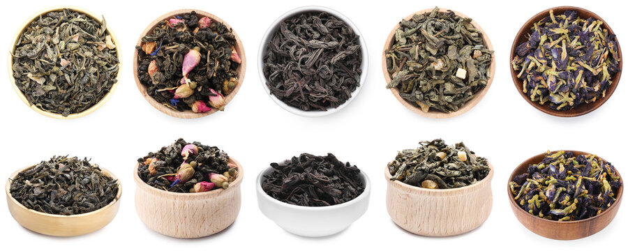 Different types of dry tea in bowls isolated on white, set. Top and side view