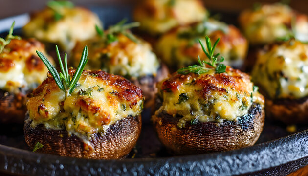 Close-up bowl with baked stuffed mushrooms ready for serving. Savory filling and melted cheese atop cooked mushroom caps, garnished with fresh herb sprig.