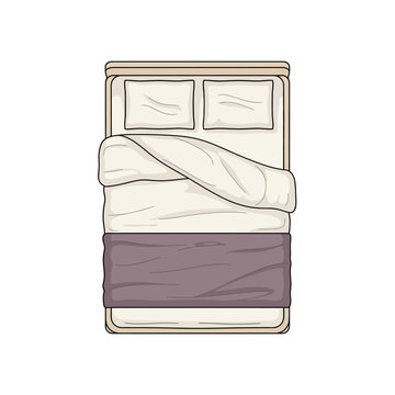 Bedroom interior, cozy bed with white and purple sheets, overhead view, vector illustration, home decor