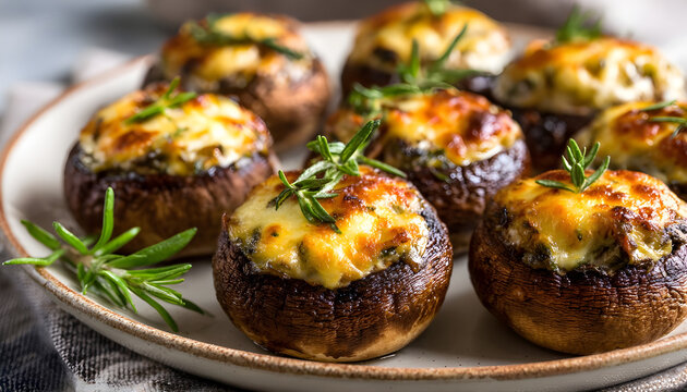 Close-up bowl with baked stuffed mushrooms ready for serving. Savory filling and melted cheese atop cooked mushroom caps, garnished with fresh herb sprig.