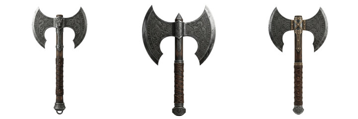 Medieval Double-Bladed Executioner Axe 3D Illustration Isolated on White Background, Fantasy Weapon Graphic for Game Assets, Historical Reenactment, and Warrior Theme Digital Art. © B@kle