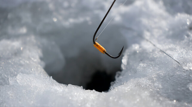 Winter fishing hook over an ice hole, with bait ready to catch fish, a classic cold weather leisure activity, showcasing a tranquil winter sport