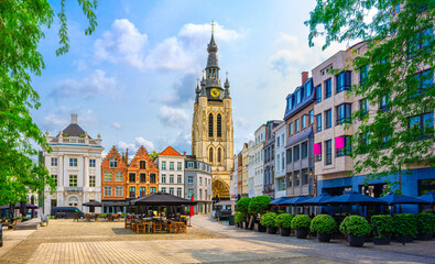 Naklejka premium Kortrijk cityscape, old town Kortrijk city historical center Grote Markt Central market square, Saint Martin's Catholic Church bell tower building, West Flanders province, Flemish Region, Belgium
