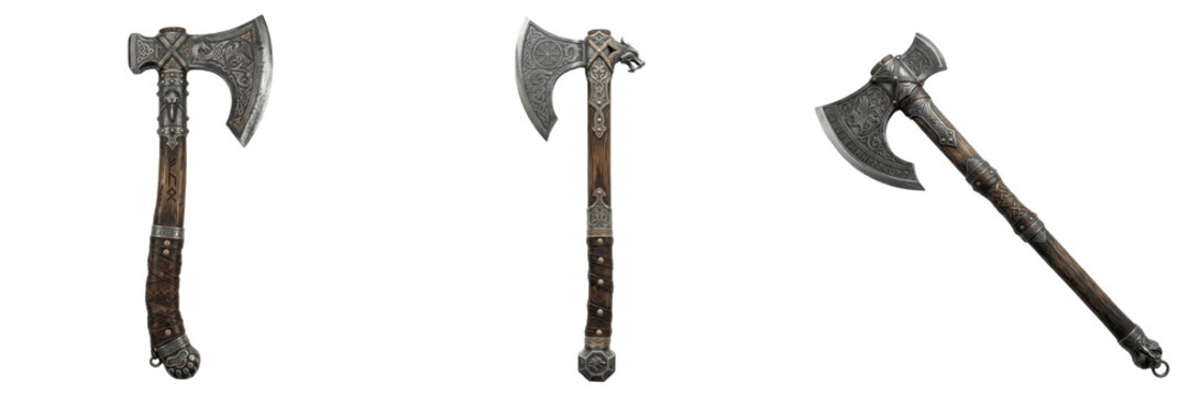 Ancient Double-Headed Viking Battle Axe 3D Illustration Isolated on White Background, Historical Weapon Graphic for Museum Education, Fantasy Roleplay, and Medieval Warrior Theme Designs.