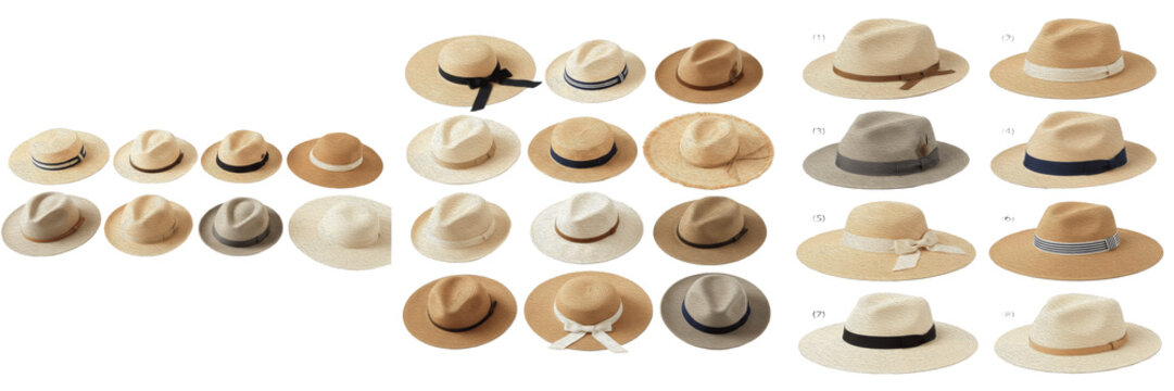 Set of Various Summer Sun Hats for Men and Women Isolated on White Background, 3D Illustration for Fashion Retail, Travel Gear Marketing, and Holiday Vacation Accessory Graphic Designs.