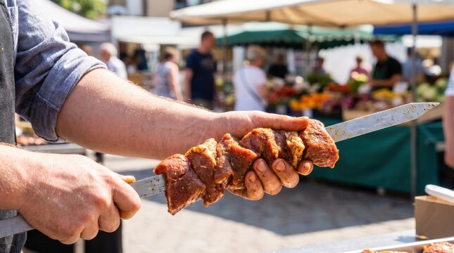 Street food vendor hands holding a long metal skewer loaded with large chunks of raw marinated meat