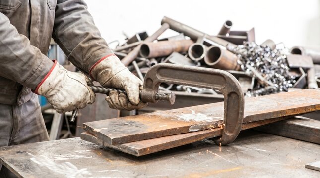 Metalworker wearing protective leather gloves using a heavy steel c-clamp to secure rusty metal plates on a workbench