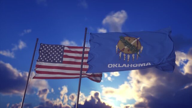 Oklahoma State Flag Waving Beside American Flag In Dramatic Sky