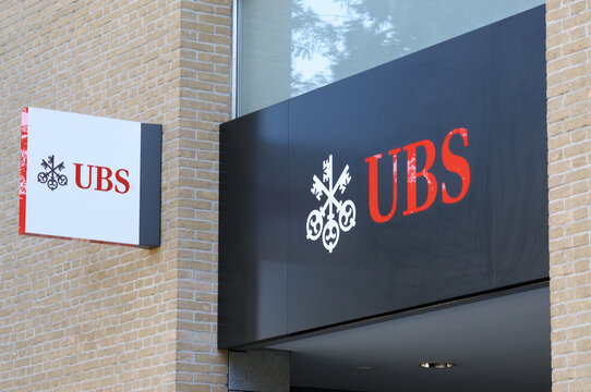 UBS Bank sings on building exterior in Manno, Switzerland