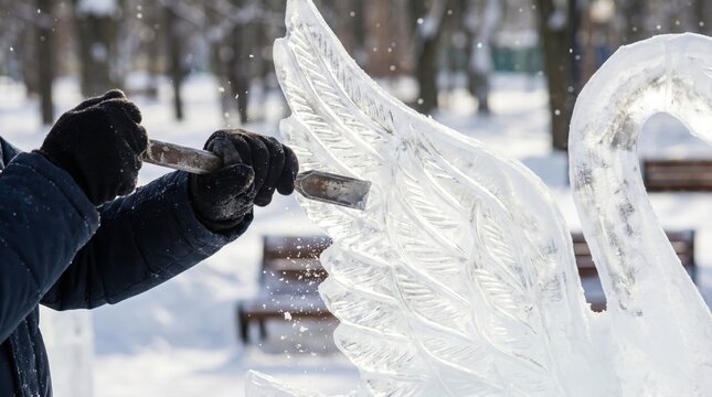 Ice sculptor wearing winter gloves using a flat metal chisel to carve intricate feather details into a clear ice swan statue