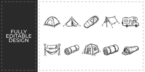 Set of camping and outdoor icons with tent backpack and binoculars for adventure travel theme frontal isolated png on a transparent background perfectly cutout high resolution © Ashik  Khan