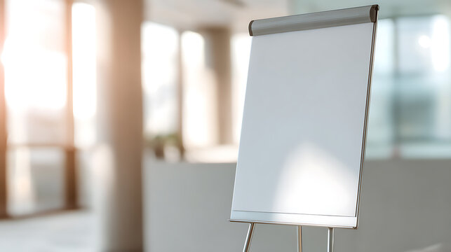 Blank flip chart stand in a modern bright office or presentation room, ready for a workshop, meeting, or corporate event