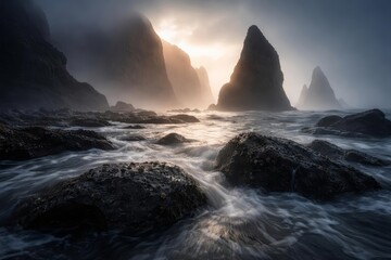 Fototapeta premium Dramatic Coastal Landscape with Sea Stacks, Waves and Mist