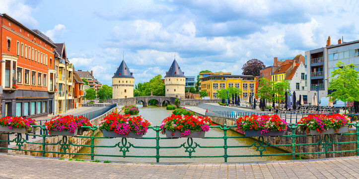 Panorama Kortrijk cityscape with embankment of Lys river, panoramic view of Kortrijk town historical centre, Broel Towers buildings, belgium landmark, West Flanders province, Flemish Region, Belgium