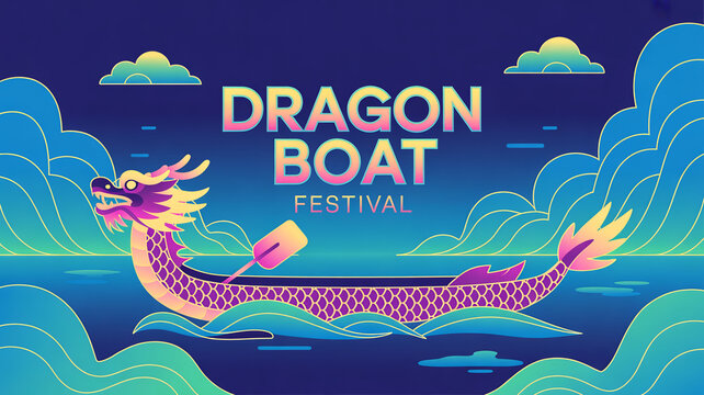 Dragon boat festival illustration with dragon and text, traditional clothing