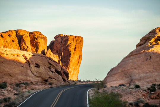 Valley of Fire State Park Nevada Scenic Desert Roads Winding Through Red Rock Formations and Sandstone Landscape at Golden Hour